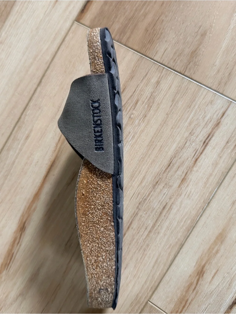 Birkenstock Taupe Single-Strap Slide Sandals with Copper Buckles